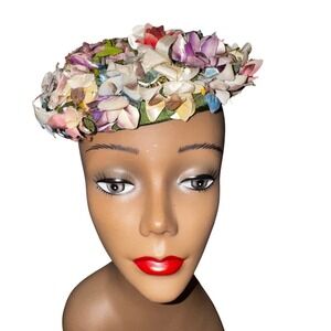 Vintage Floral Tilt Pillbox Hat‎ Flower Applique Retro Classic Ernie Church Cute